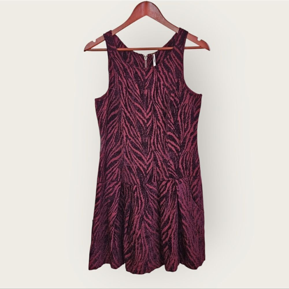 Free People Chenille Zebra Print Drop Waist Pleated Mini Dress in Mulberry 6 - Picture 4 of 12